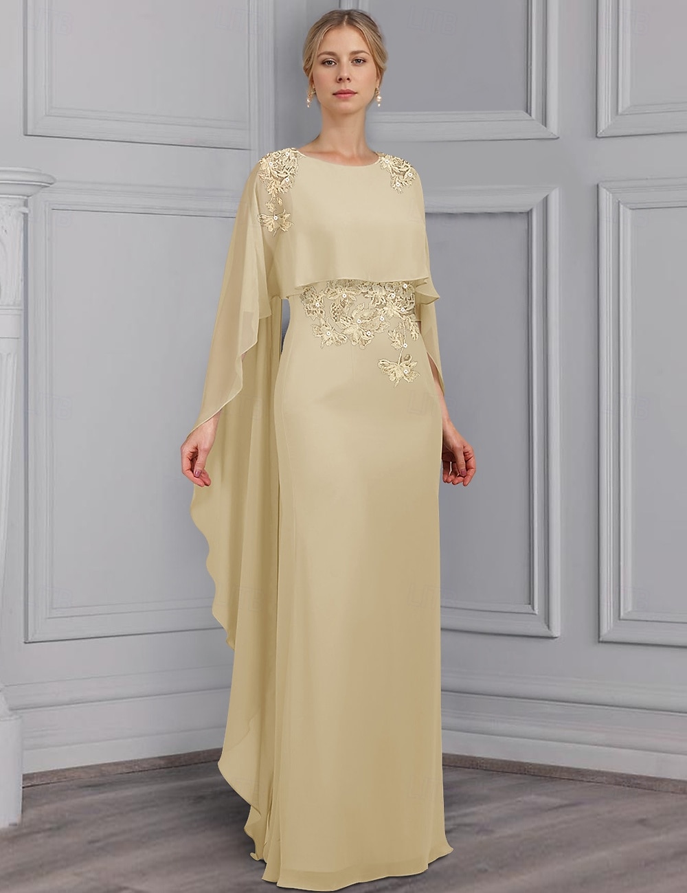 Abito a tubino  colonna per la madre della sposa elegante con scollatura bateau lunghezza a terra in chiffon elasticizzato maniche lunghe con balze di pizzo del 2025 a $165.99 –P3