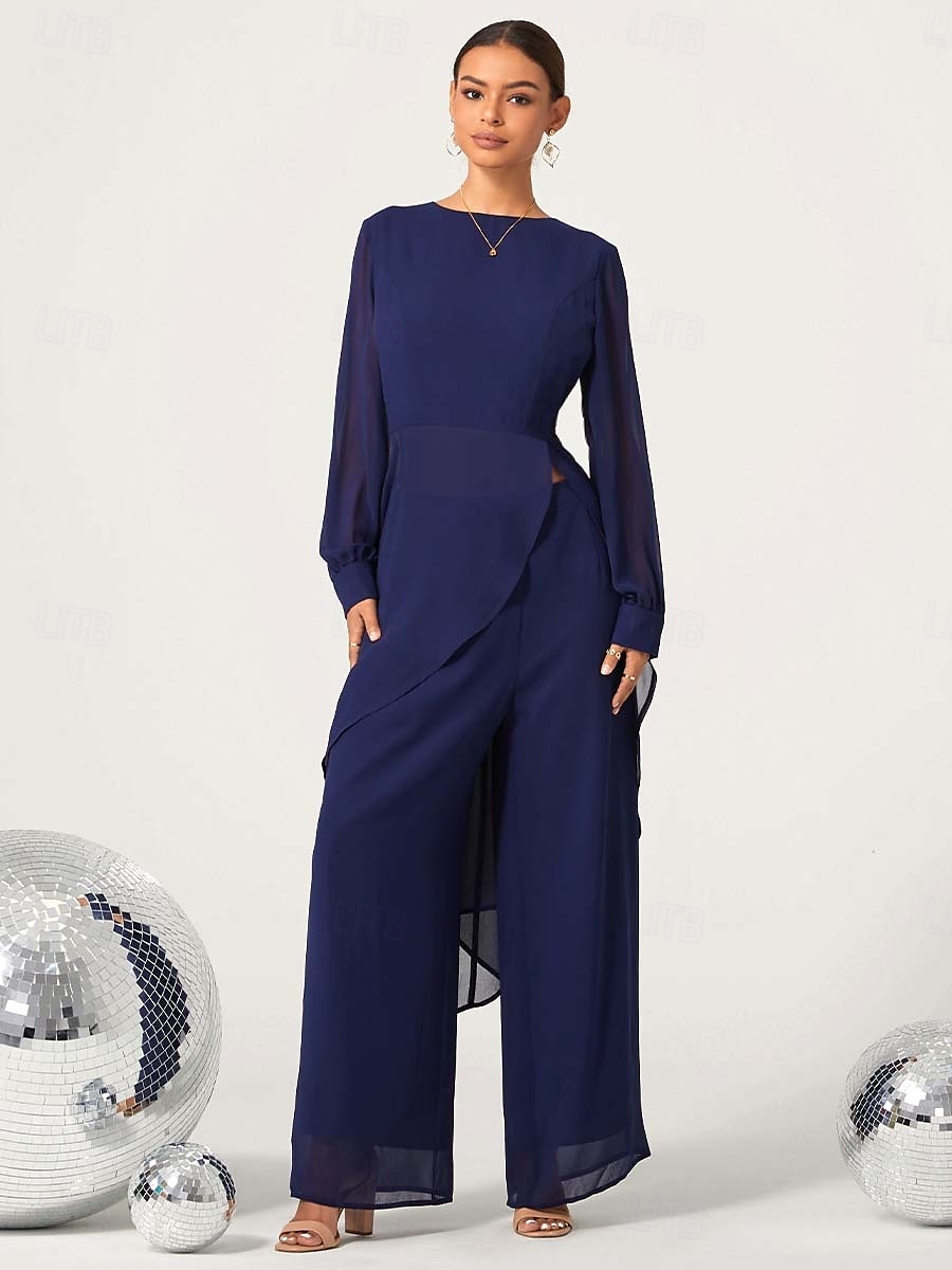 női esküvői vendég jumpsuit elegáns sötétkék hosszú áttetsző ujjú széles láb elegáns esti parti viselet kerek nyakkivágás tavasz nyár ősz 2025 - $59.99 –P4