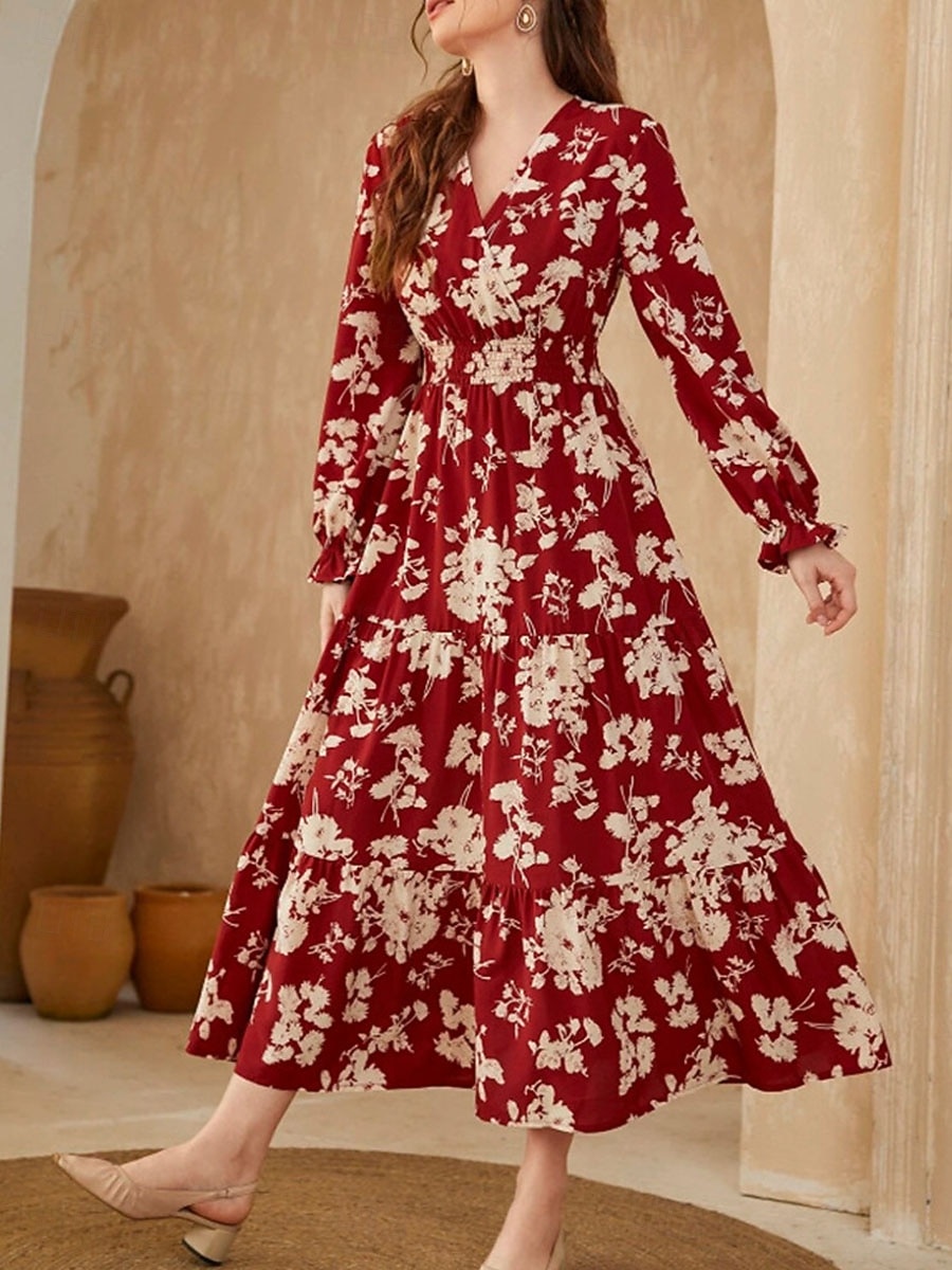 Damen Maxidress Casual kleid Schaukelkleid A Linie Kleid Brautkleider schlicht Täglich Regular Fit Blumen Langarm V Ausschnitt Weiß Rote Sommer Frühling Herbst 2025 - $41.99 –P3