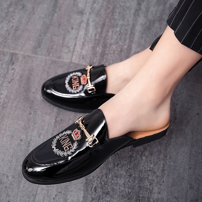 Herren-Loafer aus besticktem Lackleder, Pantoletten zum Hineinschlüpfen ohne Fersenteil mit Kronenemblem und Metallschnallendetail, perfekt für elegante und legere Anlässe 2025 - $42.99 –P5