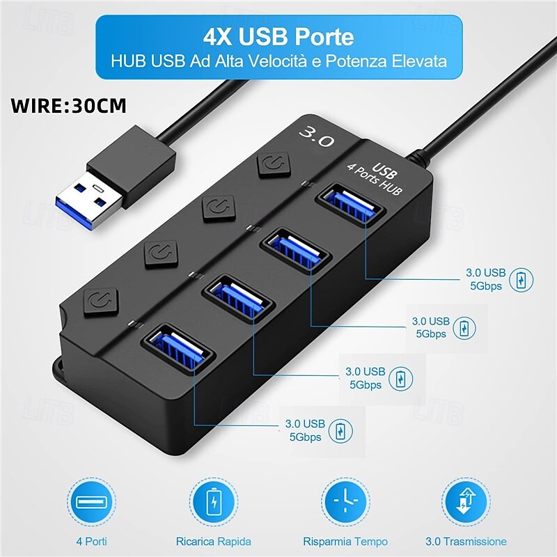 USB Hub 4 Port USB 3.0 Hub with Individual LED Switch Portable Adapter High Speed Expansion Multi USB Hub Splitter Adapter 2025 - $19.99 –P1