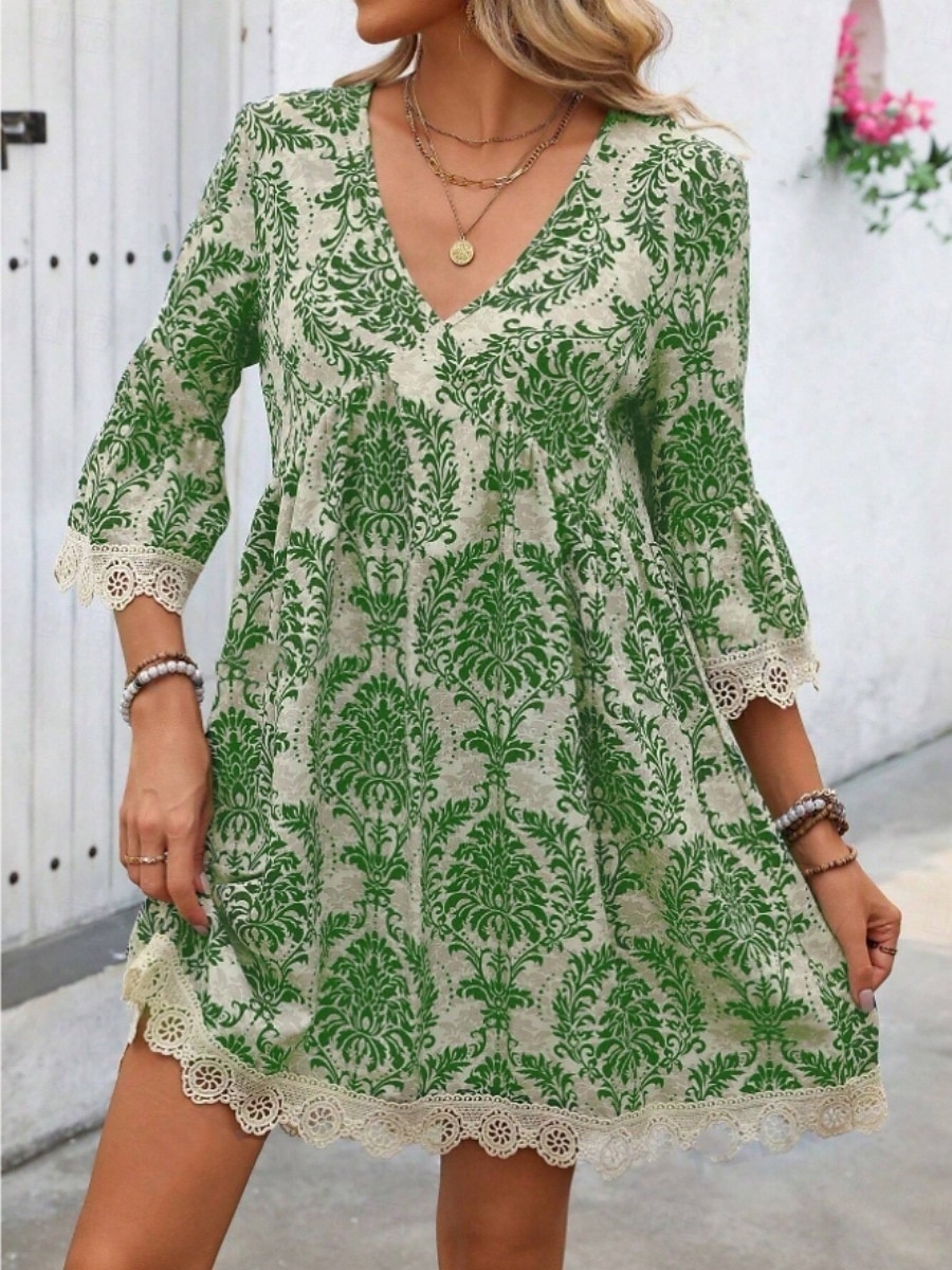 Damen Minikleid Casual kleid Boho-Kleid Brautkleider schlicht Täglich Regular Fit Blumen 3/4 Ärmel V Ausschnitt Wein Blau Grün Sommer Frühling Herbst 2025 - $35.99 –P15
