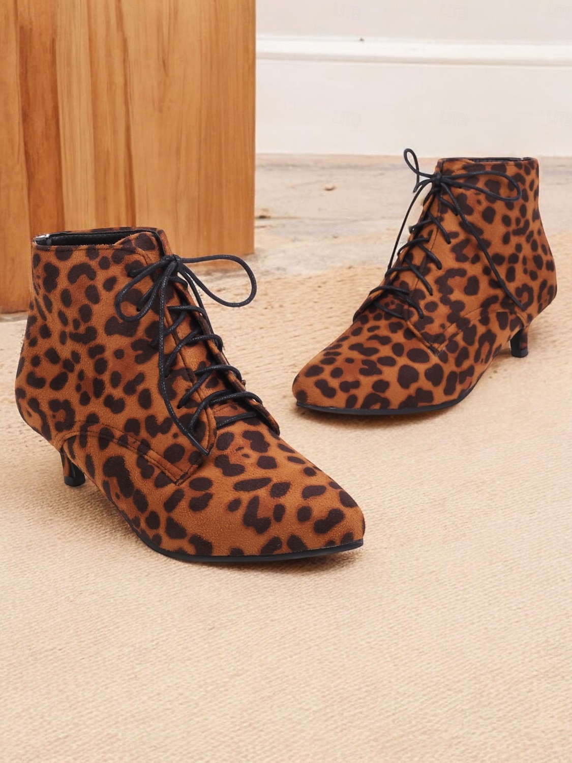 bota de cano curto com estampa de leopardo verde e salto gatinho – sapatos chiques estilo retrô para mulheres de 2025 por $42.99 –P2