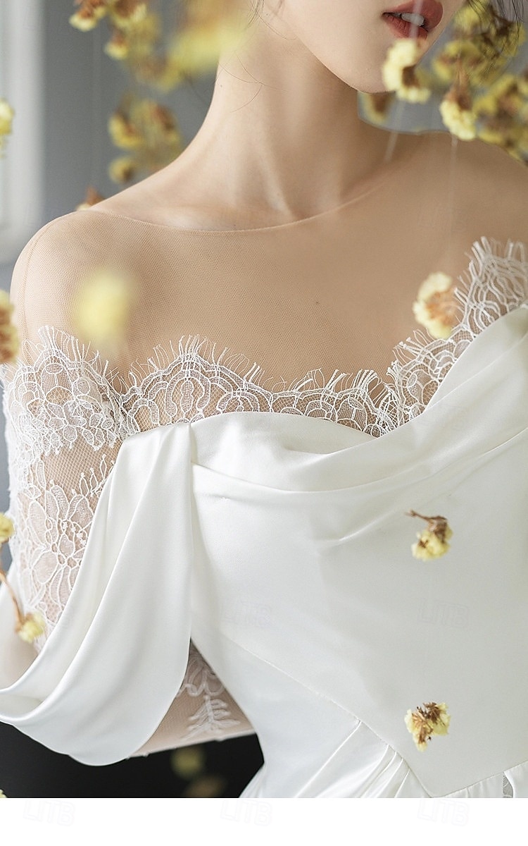 Wedding Dresses A-Line Illusion Neck Long Sleeve Floor Length Satin Bridal Gowns With Flower 2025 2025 - $148.99 –P3