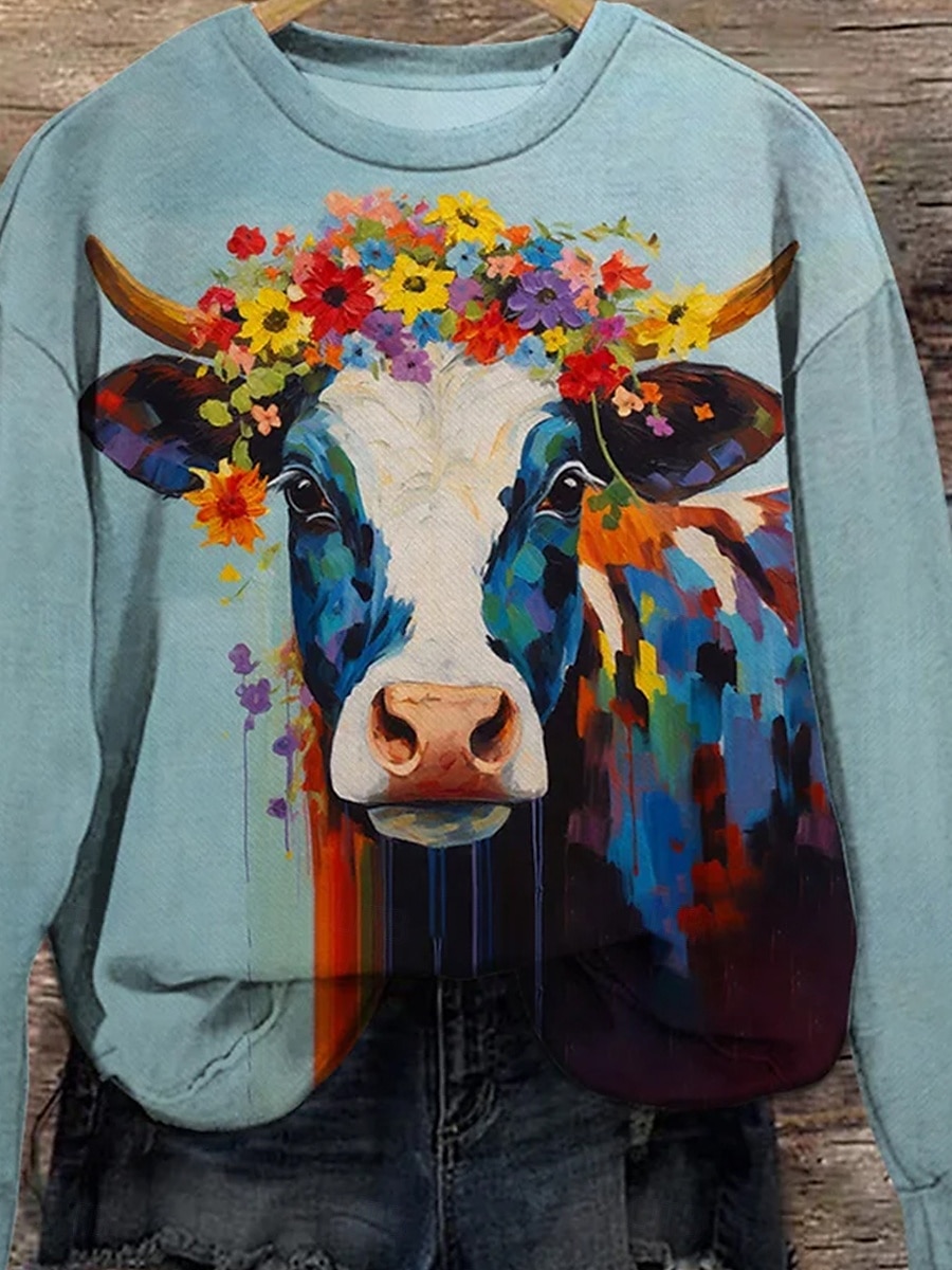 Pullover Damen Casual Kuh Rundhals Print Langarm Blau Herbst Winter 2025 - $24.99 –P3