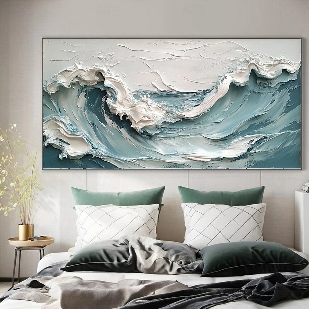 Blue Ocean Wave Painting on Canvas handmade Impasto Textured Painting Designer Serene Canvas Art handmade Choice Minimalist wave painting for Living Room Art Contemporary Art painting wall artwork 2025 - $75.99 –P1