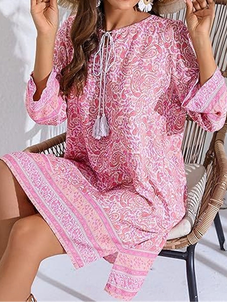 Dámské Mini šaty Volnočasové šaty Boho šaty Na běžné nošení Denní Běžný Květinový 3/4 délka rukávu Do V Bílá Světlá růžová Námořnická modř Léto Jaro 2025 - $25.99 –P9