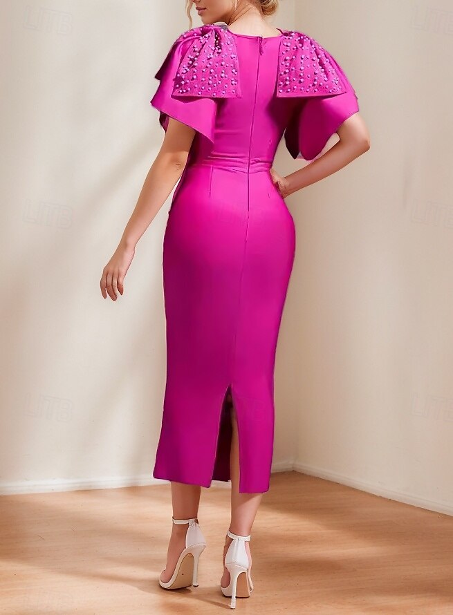 Robe Cocktail Fourreau Élégante Robe Formelle Mi-Longue Manches Courtes Col Bijou Écourtée en Crepe avec Perles Robes de 2025 ? zł435.81 –P2