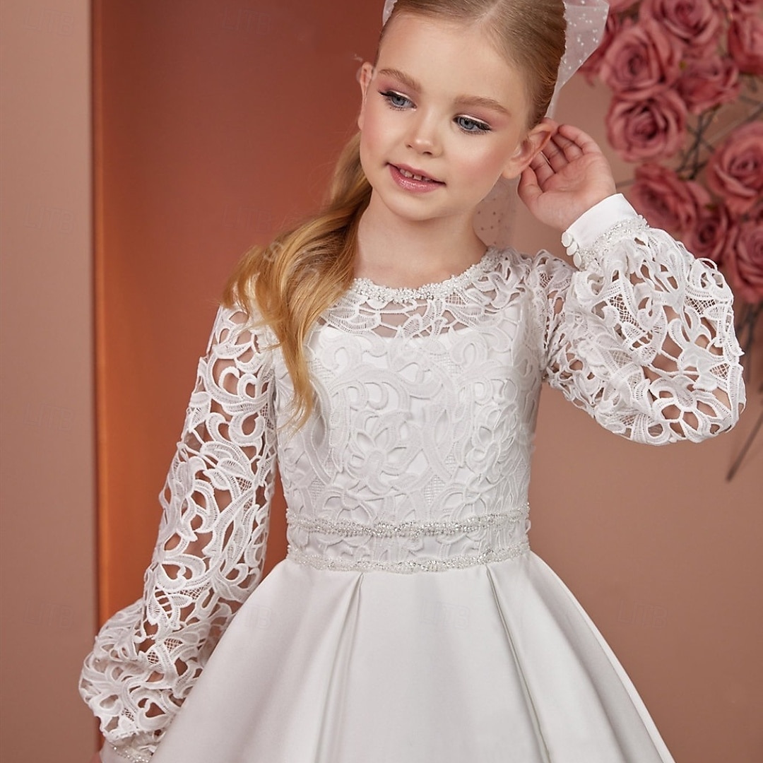 kinderkleidung Mädchen Blumenmädchen Kleid Kleid für die Erstkommunion Feste Farbe Ärmellos Langarm Leistung Hochzeit Party Gitter Prinzessin Süß Gitter Mitte der Wade Etuikleid Tüll-Kleid Sommer 2025 - $104.99 –P4
