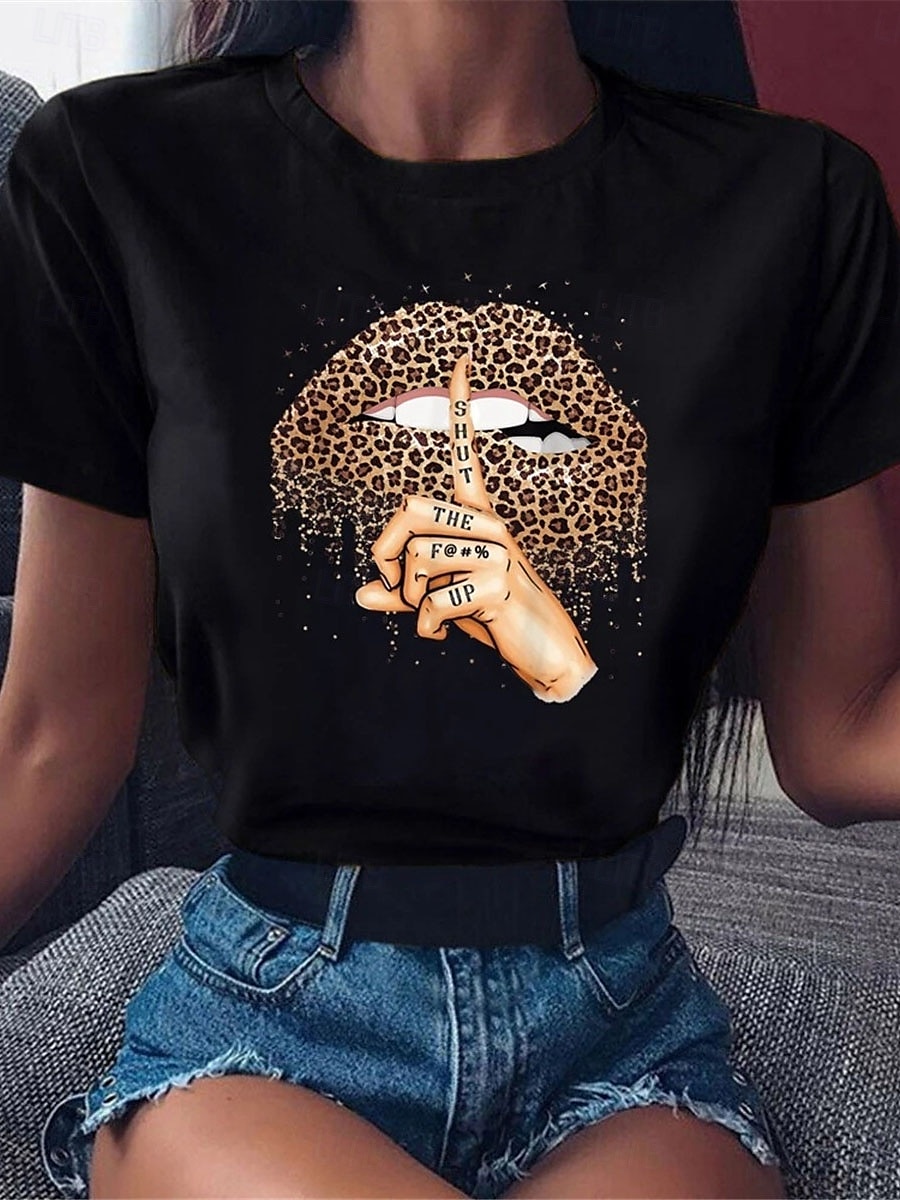 Dames T-shirt Luipaard Mond Modieus Modern Casual Korte mouw Strakke ronde hals Normale tops Dagelijks Weekend Zwart Zomer 2025 - GBP £19 –P2