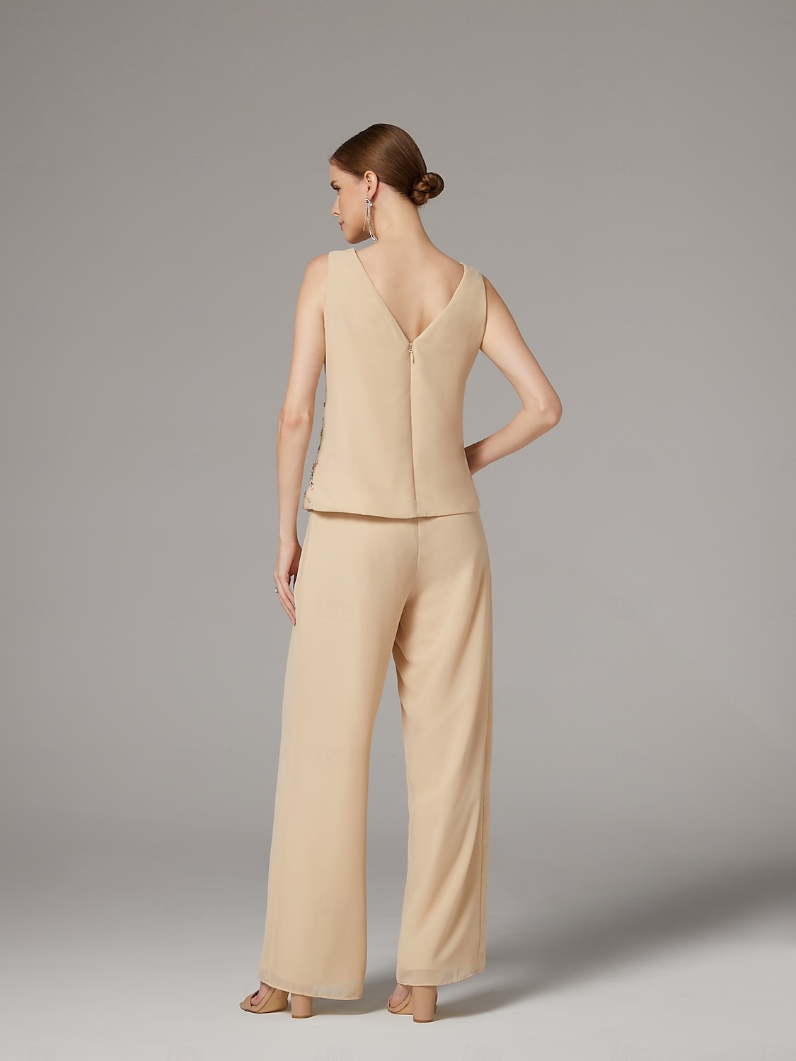 Combination  Pantalon Mère de la Mariée  Ensemble de 3 Pièces de Mariage à la Plage Élégante Luxueuse Col en V Longueur de Sol Chiffon Dentelle Sans Manches Enveloppement Inclus avec Broderies Sequin de 2025 ? $179.99 –P5