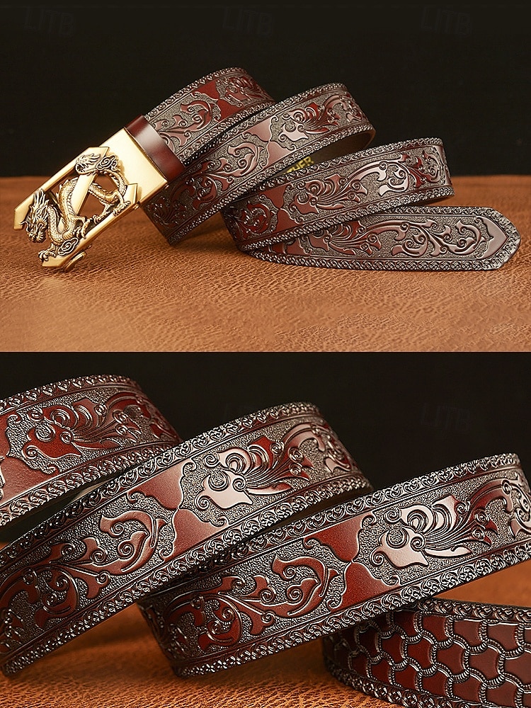 حزام جلدي بني للرجال بتصميم تنين منقوش وإبزيم ذهبي - طراز عتيق، مثالي للارتداء الرسمي وغير الرسمي 2026 - $26.99 –P4