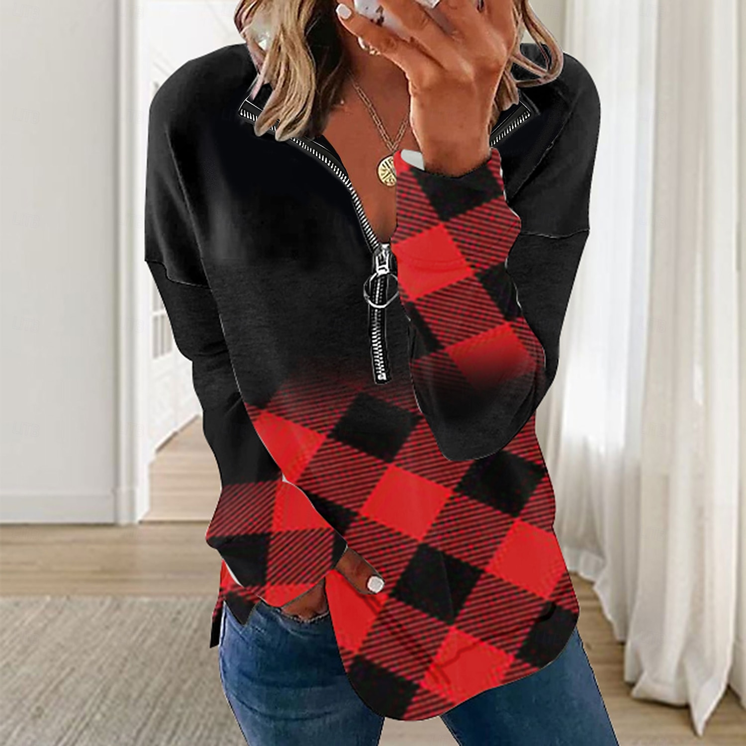 Damen Zip-Up Sweatshirt Pullover Karomuster Farbblock Straße Lässig Reißverschluss Basic V-Ausschnitt Langarmoberteil Mikro-elastisch Frühling Winter Herbst Winter Komfort Atmungsaktiver Weicher 2025 - $27.99 –P2