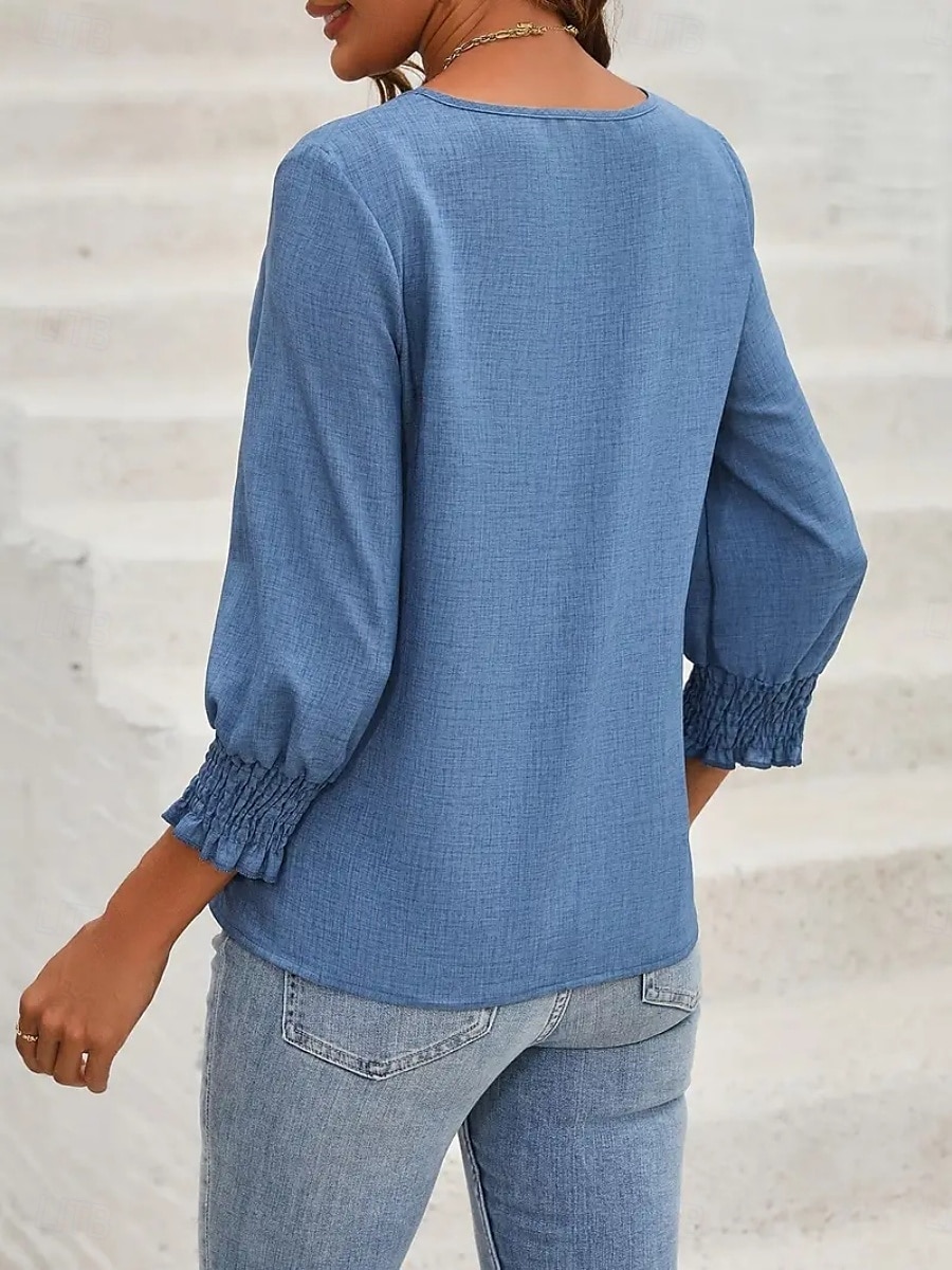 Damen Hemd Bluse Feste Farbe Basic Brautkleider schlicht Langarm Rundhalsausschnitt Normale Oberteile Täglich Patchwork Knopf Wein Blau Grün Herbst Winter 2025 - $26.99 –P2