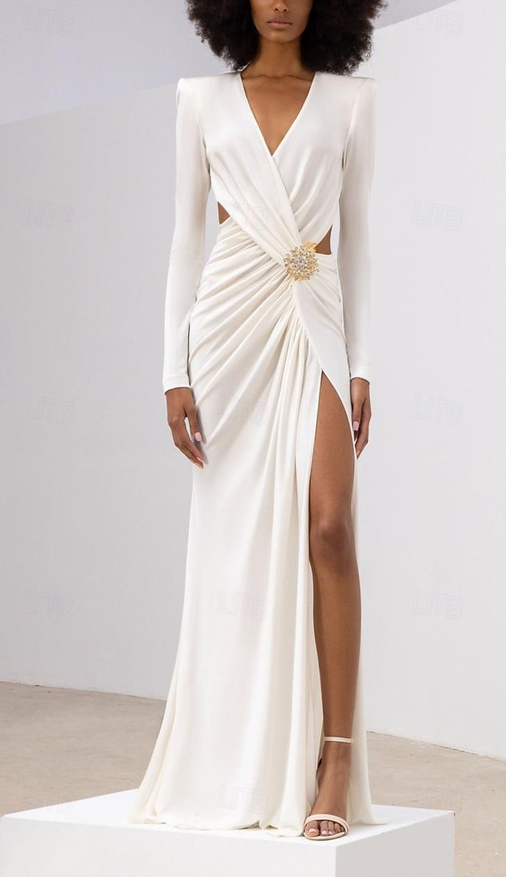 Robe de soirée sirène  trompette robe élégante invitée de mariage longueur de sol manches longues décolleté en V nylon avec cristaux de 2025 ? $144.99 –P4