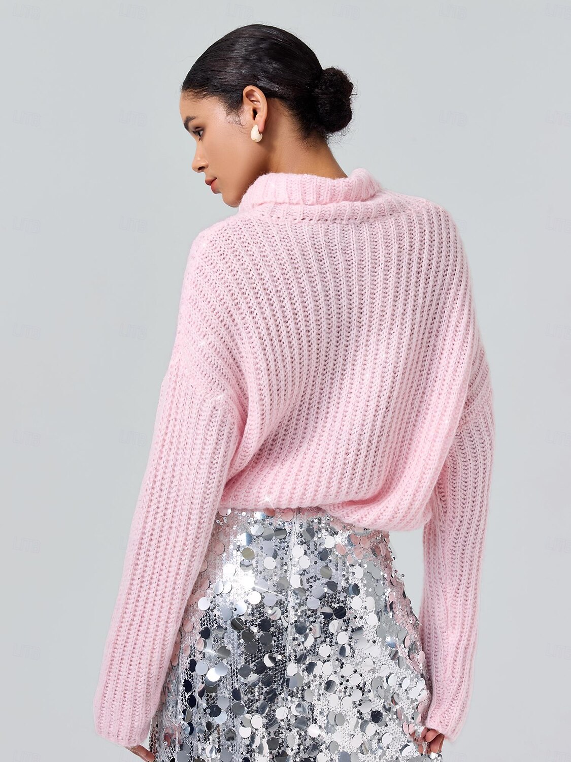 Dame Genser Rullekrage Riflet Strikke Ull Polyester Nylon Paljetter Drop Shoulder Vinter Fritid / hverdag Strikketøy Daglig Fritid Langermet Helfarge Rosa S M L 2025 - $72.99 –P4
