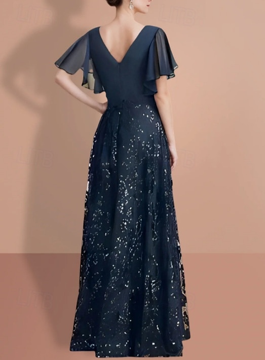 Šaty ve tvaru A pro matku nevěsty elegantní třpytivé a lesklé V-výstřih podlahová délka šifon krátký rukáv s krajkovým řasením jednobarevné 2025 - $176.99 –P2