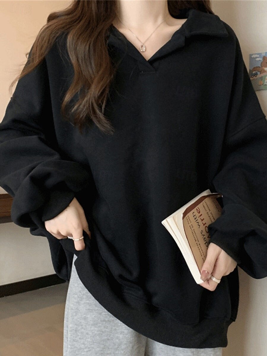 felpa da donna casual semplice strada abbigliamento quotidiano scollo a V manica lunga nero bianco caffè autunno inverno del 2025 a $21.99 –P6