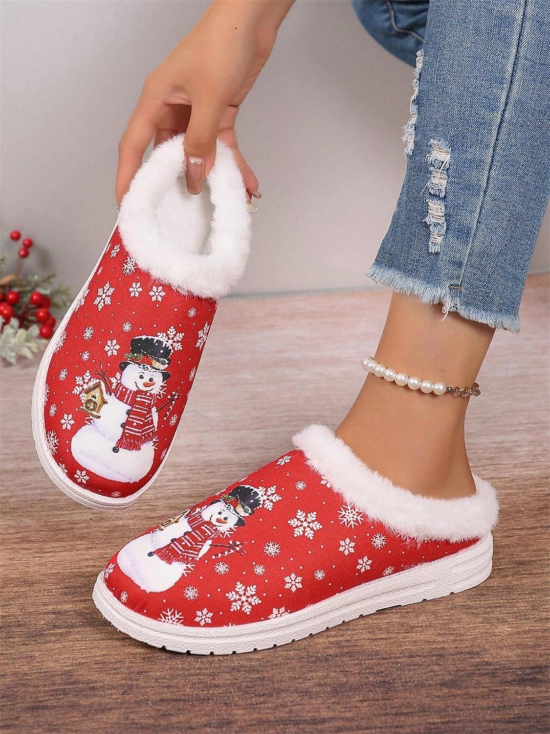 Weihnachts-Schneemann-Hausschuhe für Damen mit Kunstfellfutter – gemütliche und festliche Winterschuhe für den Innenbereich 2025 - $24.99 –P2