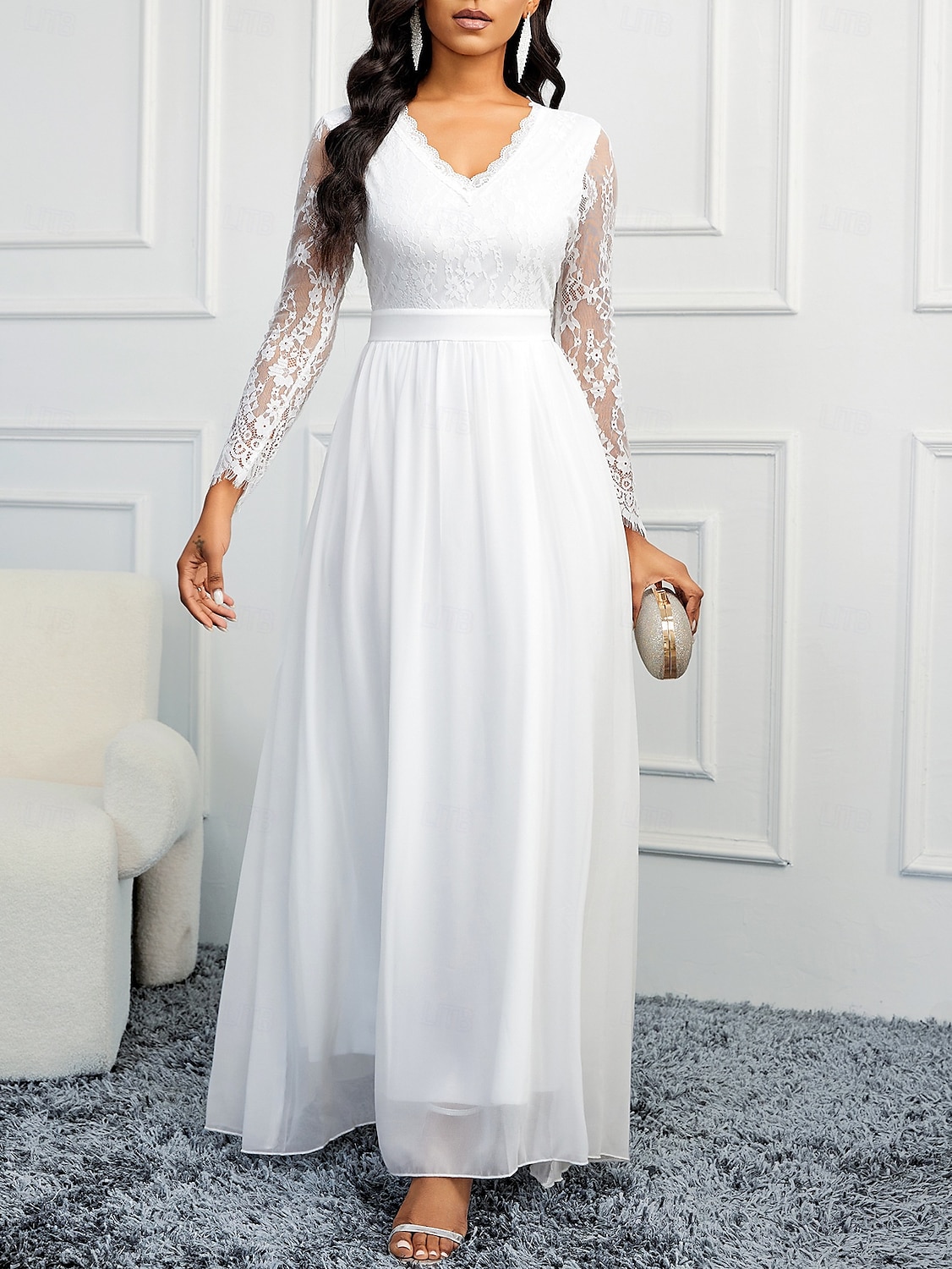 Esküvői ruhák A-vonal V nyakú hosszú ujjú földig érő chiffon menyasszonyi ruhák applikációkkal 2025 - $97.99 –P3