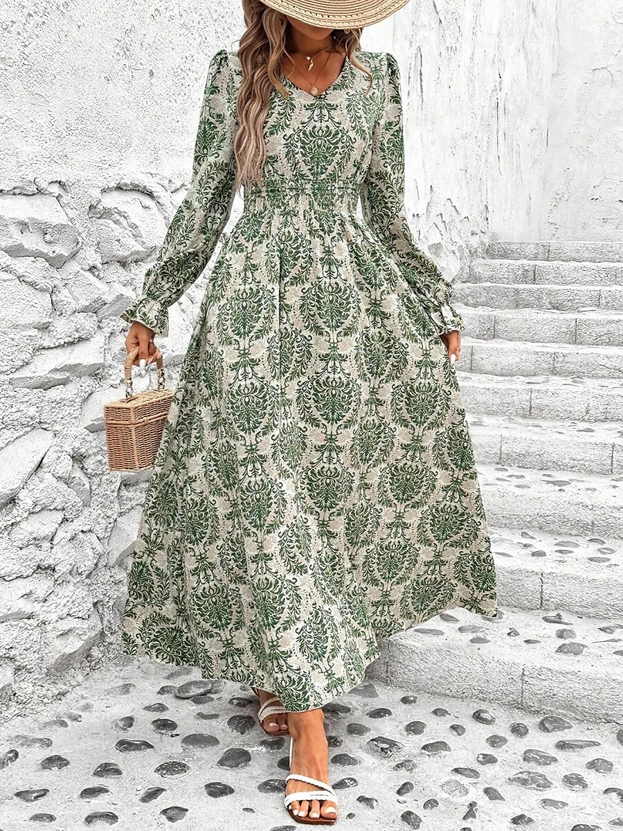 Damen Maxidress Casual kleid Schaukelkleid A Linie Kleid Boho-Kleid Brautkleider schlicht Täglich Regular Fit Blumen Langarm V Ausschnitt Schwarz Weiß Grün Sommer Frühling Herbst 2025 - $33.99 –P2