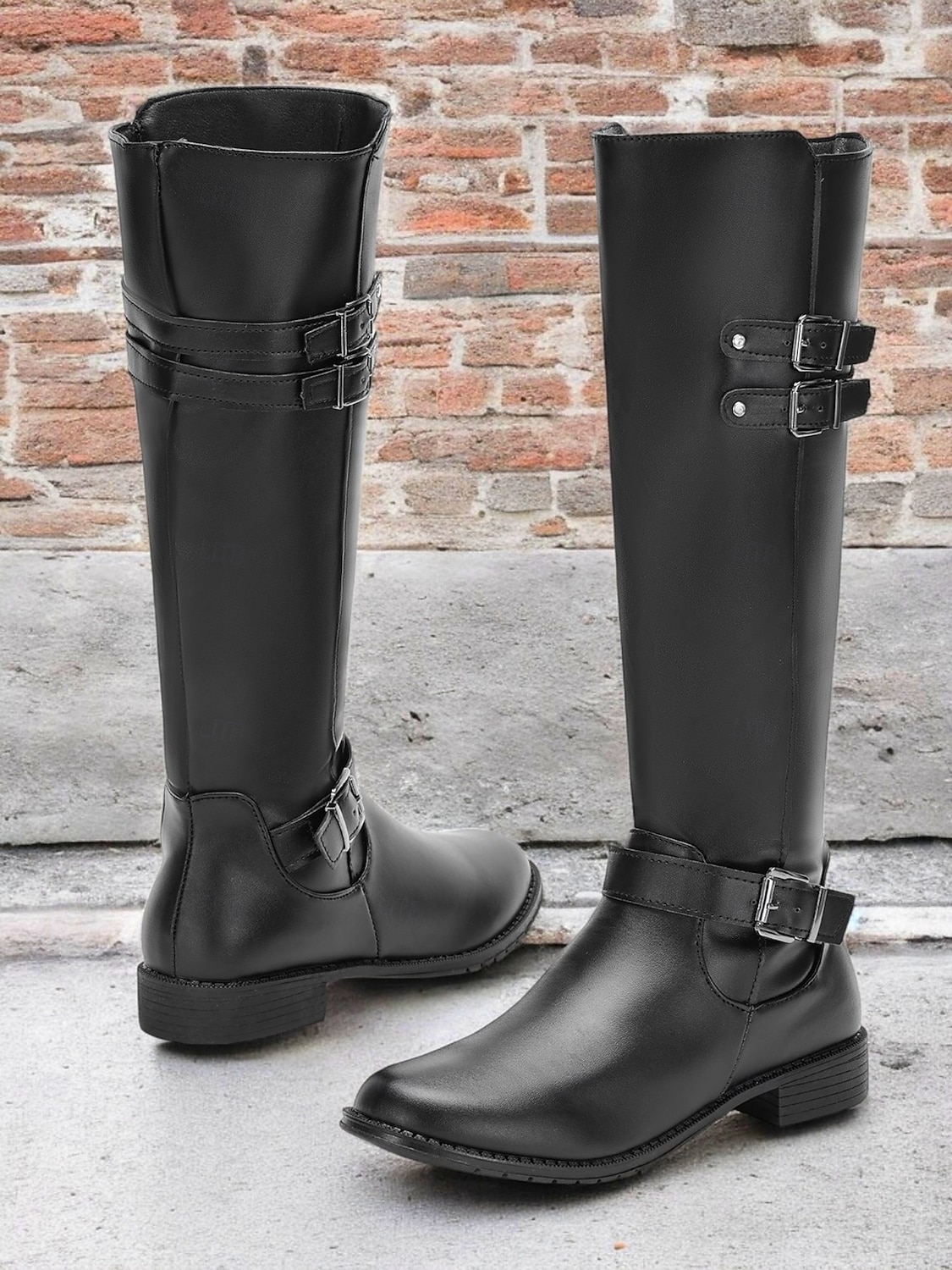 Women's Black Knee-High Riding Boots with Buckle Straps and Low Heel – Classic Equestrian Style Boots for Everyday and Outdoor Wear 2025 - $46.99 –P8
