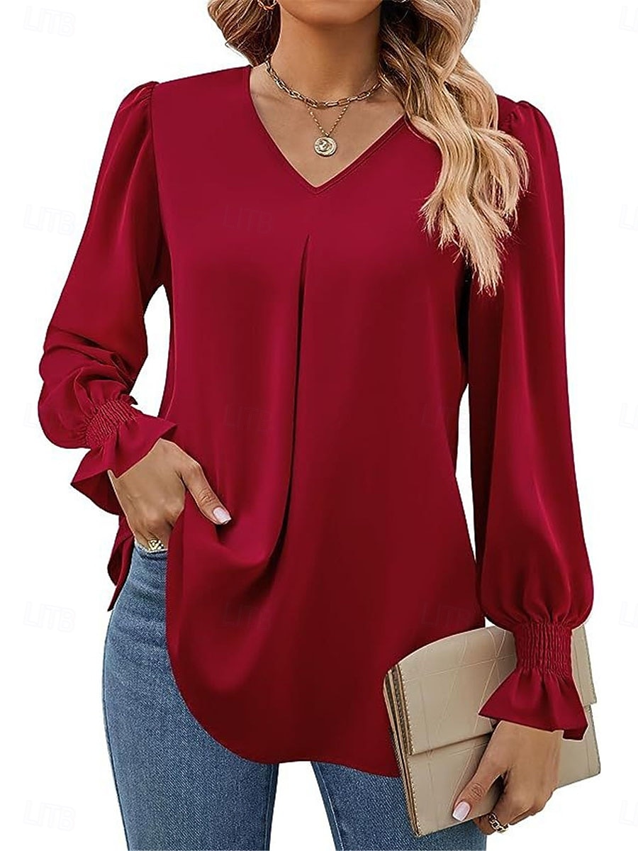 Per donna Camicia Blusa Tinta unica Essenziale Informale Manica lunga A V Top regolari Giornaliero Rosso Fucsia Cachi Autunno Inverno del 2025 a $21.99 –P12