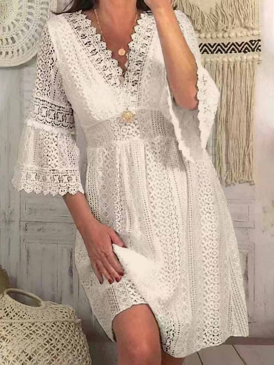 Pentru femei Rochie Mini Rochie albă Rochie de dantela Rochie casual Rochie Boho Casual Sporturi & Exterior Stradă Fit regulat Simplu Lungime Manșon 3/4 În V Alb Caisă Vară Primăvară Toamnă 2025 - $29.99 –P1