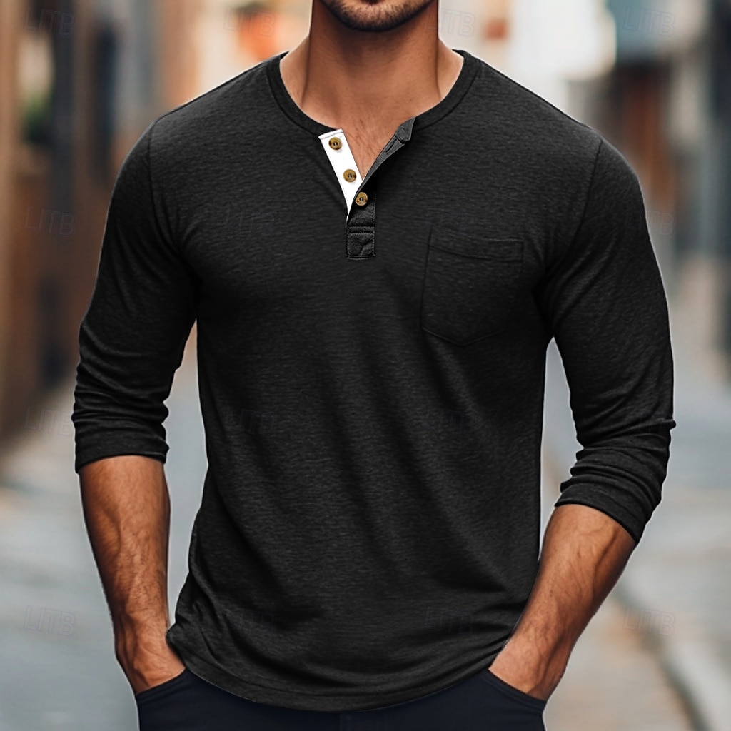Herr T-shirt Henleytröja Långärmad tröja Slät Henley Gata Dagligen Långärmad Ficka Kläder Mode Designer Ledigt Bekväm 2025 - $18.99 –P5