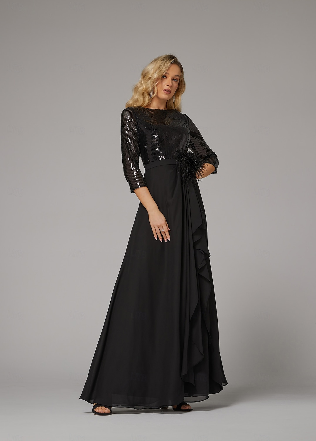 A-Linie Abendkleid elegantes Kleid formell asymmetrisch Langarm Stehkragen Chiffon mit Federn Perlen Pailletten 2025 2025 - $171.99 –P1