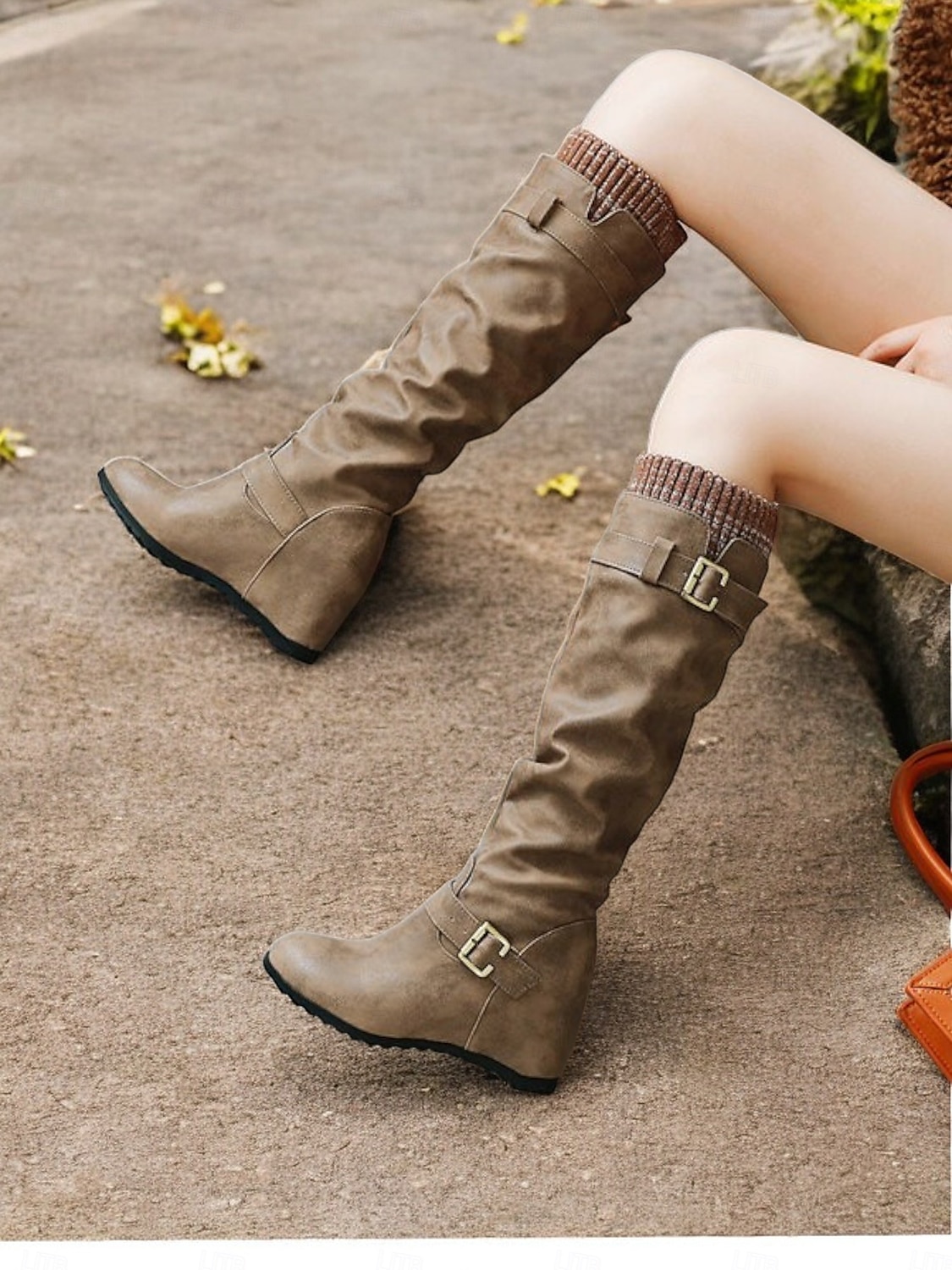 Women's Distressed Tan Slouchy Knee-High Boots with Buckle Straps and Wedge Heel – Cozy Winter Boots with Knit Cuff for Casual Outfits 2025 - $54.99 –P3