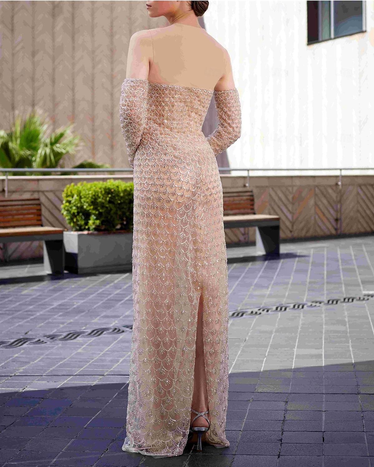 Vestido de noche elegante de corte A, vestido formal de boda, largo hasta el suelo, manga larga, cuello ilusión, convertible, con lentejuelas y abertura con brillo, bordado 2025 2025 - $161.99 -P3