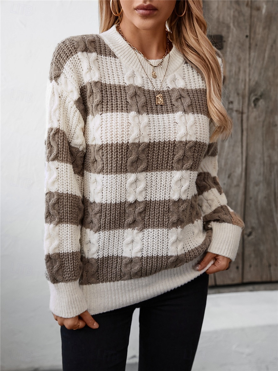 Per donna Felpa Informale Morbido A strisce A coste Girocollo Lavorato a maglia Manica lunga Top regolari Maglia Esterno Giornaliero Fine settimana Nero Caffè Autunno Inverno del 2025 a $44.99 –P5