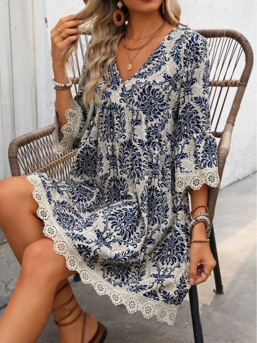 Damen Minikleid Casual kleid Boho-Kleid Brautkleider schlicht Täglich Regular Fit Blumen 3/4 Ärmel V Ausschnitt Wein Blau Grün Sommer Frühling Herbst 2025 - $35.99 –P2