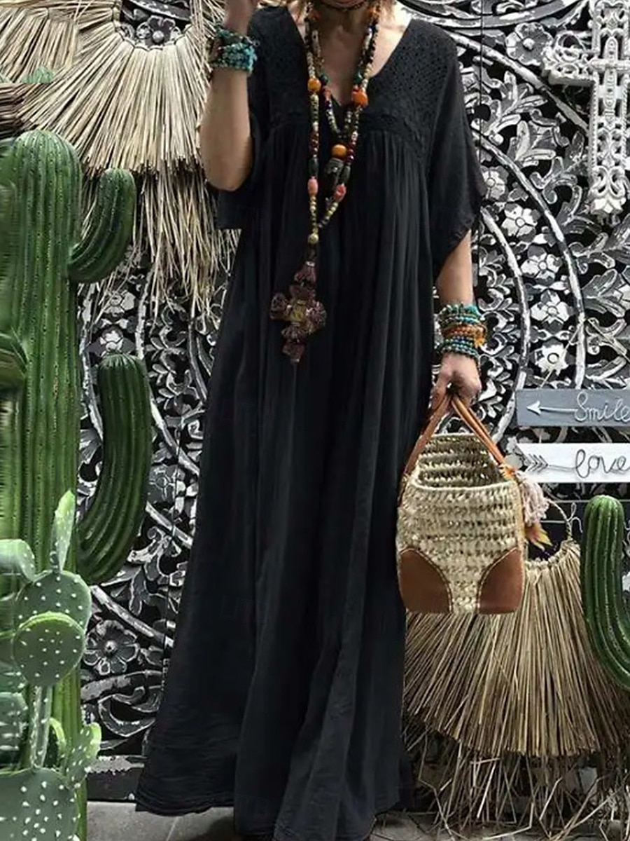Women's Black Blue khaki Summer Maxi Dress Linen-Inspired Dresses Cotton Linen Dress Fashion Daily Office Date Loose Fit V Neck 2025 - $26.99 –P2