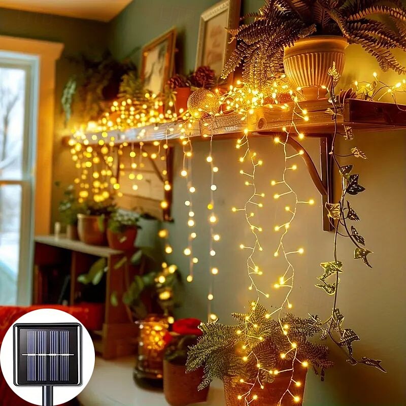 Cadena de luces de fuegos artificiales solares de 6 m y 200 ledes, IP65, resistente al agua, 8 modos, luces de hadas de árbol de Navidad multicolor para decoración interior y exterior del jardín del hogar, 1 unidad 2025 - $24.99 –P1