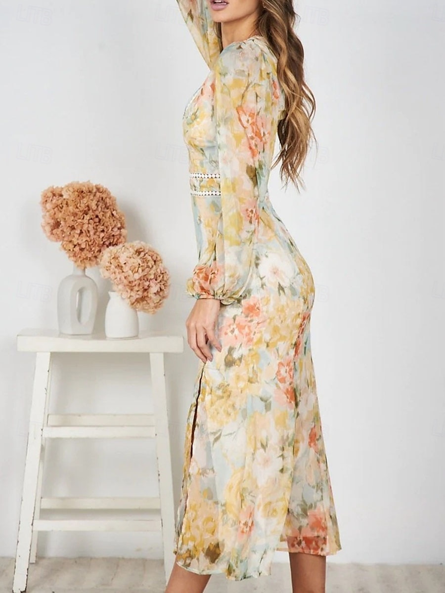 Damen Maxidress Casual kleid Bodycon Brautkleider schlicht Täglich Regular Fit Blumen Langarm V Ausschnitt Gelb Sommer Frühling Herbst 2025 - $44.99 –P3