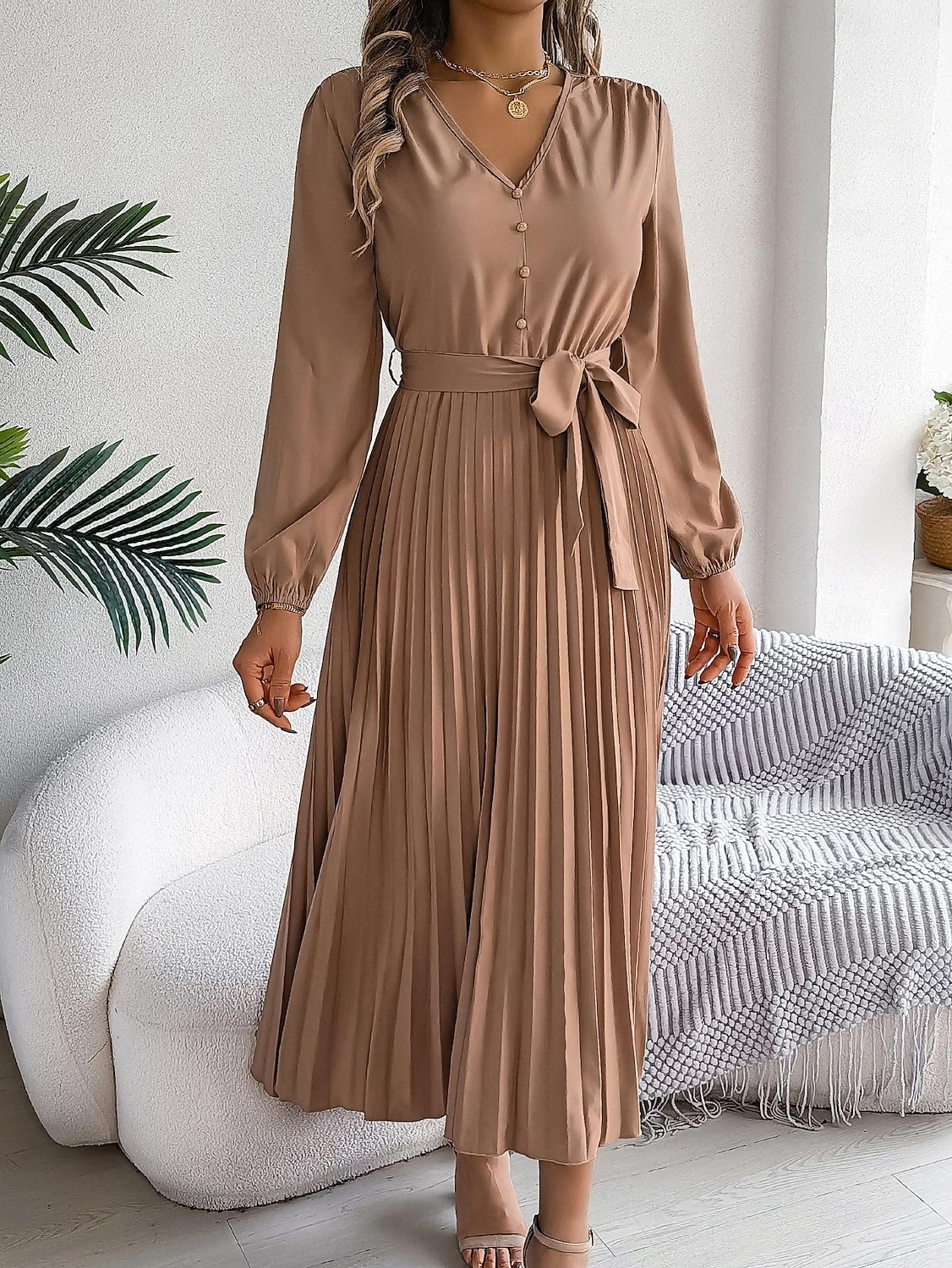 Women's Vintage Dress Mini Dress Pleated High Waist Elegant Formal V Neck Long Sleeve Blue Green Khaki Color 2025 - $41.99 –P4