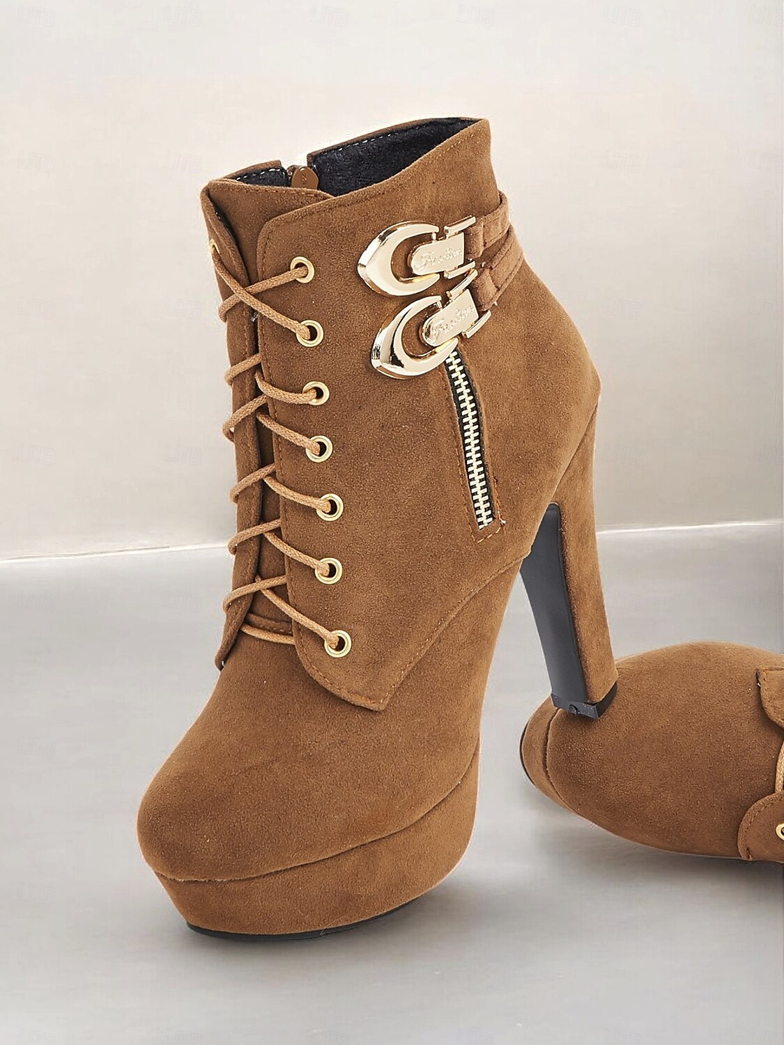 bottines en daim marron pour femmes - modèle à lacets avec boucle dorée et détails zippés, chaussures à talons hauts à plateforme pour des looks décontractés et de fête élégants de 2025 ? $46.99 –P8
