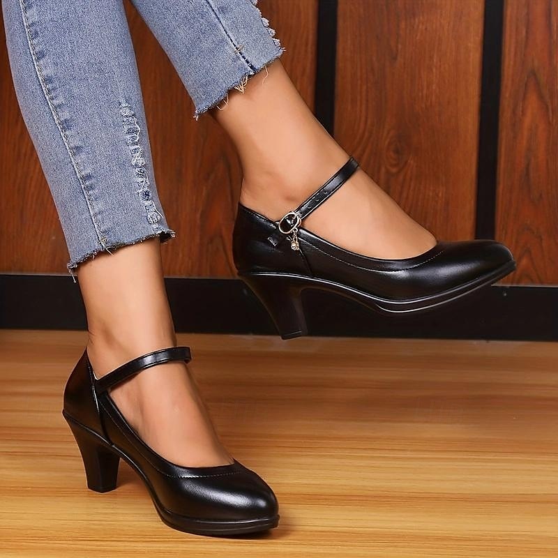 γυναικεία μαύρα ψεύτικο δέρμα mary jane pumps - άνετα παπούτσια με μεσαίο τακούνι με ρυθμιζόμενο λουράκι για γραφείο ή casual 2025 - $29.99 –P1