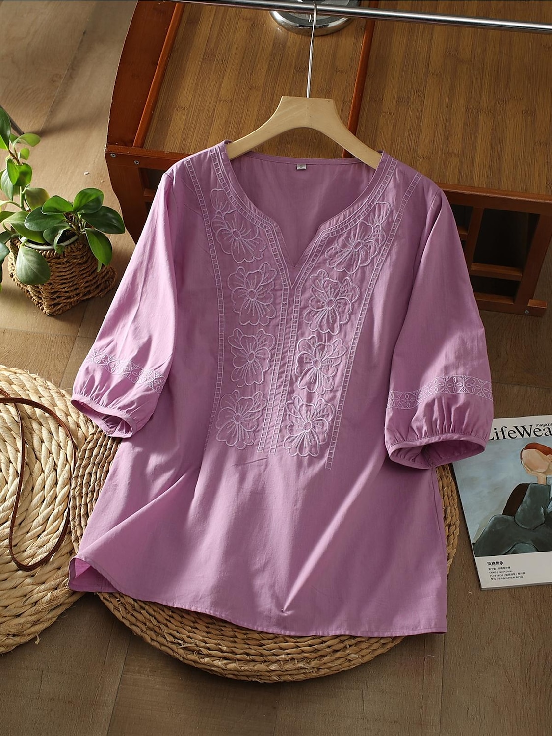 Damen Hemd Leinen-inspirierte Hemden Einfarbig Blumen Lässig Boho Dreiviertelarm Ellbogenärmel V Ausschnitt Normale Oberteile Urlaub Party Täglich Bestickt Gras-Grün Purpur Herbst Frühling & Sommer 2025 - $32.99 –P8