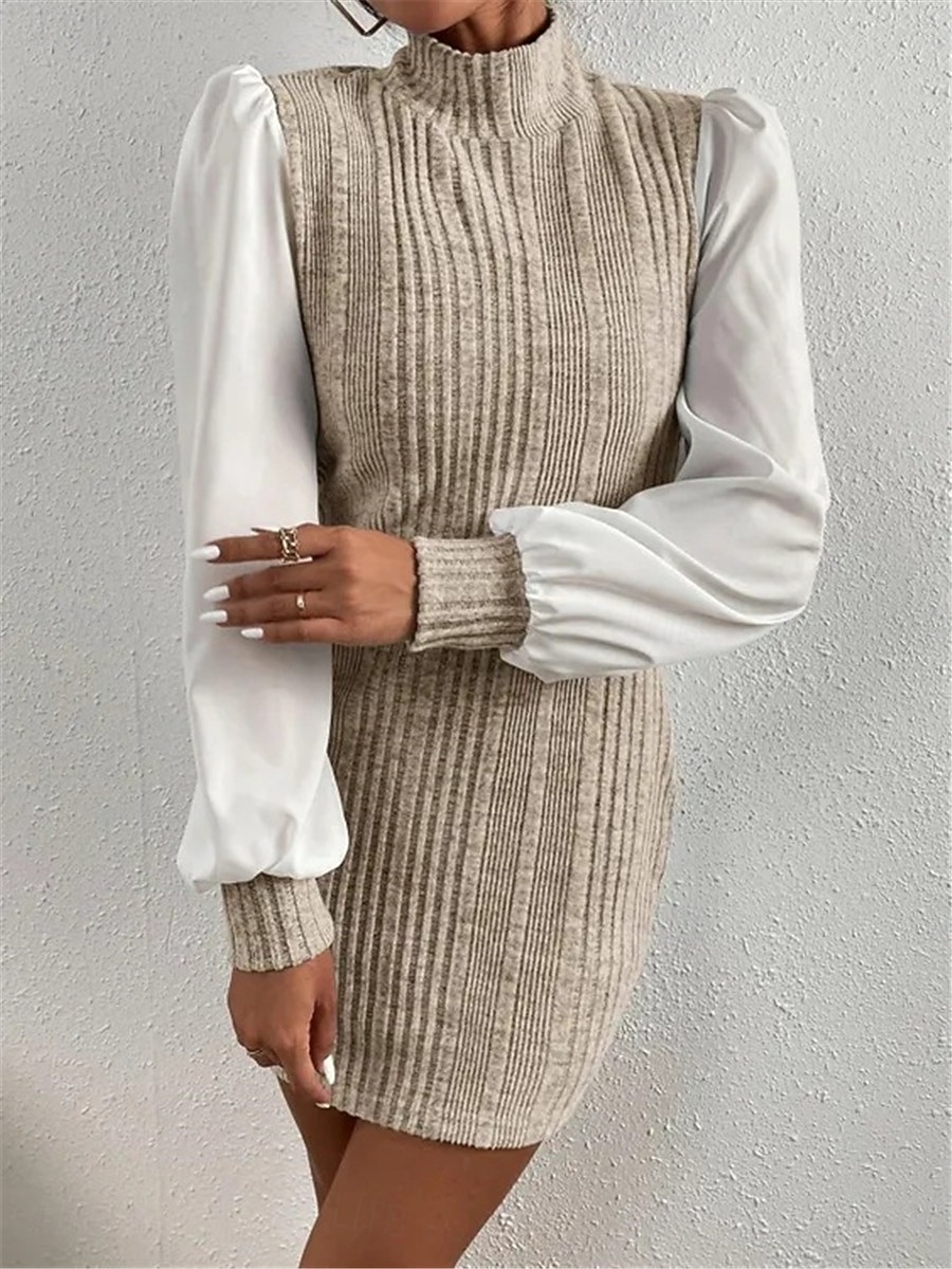 Damen Casual kleid Minikleid Patchwork Brautkleider schlicht Ständer Langarm Braun Beige Farbe 2026 - $33.99 –P5