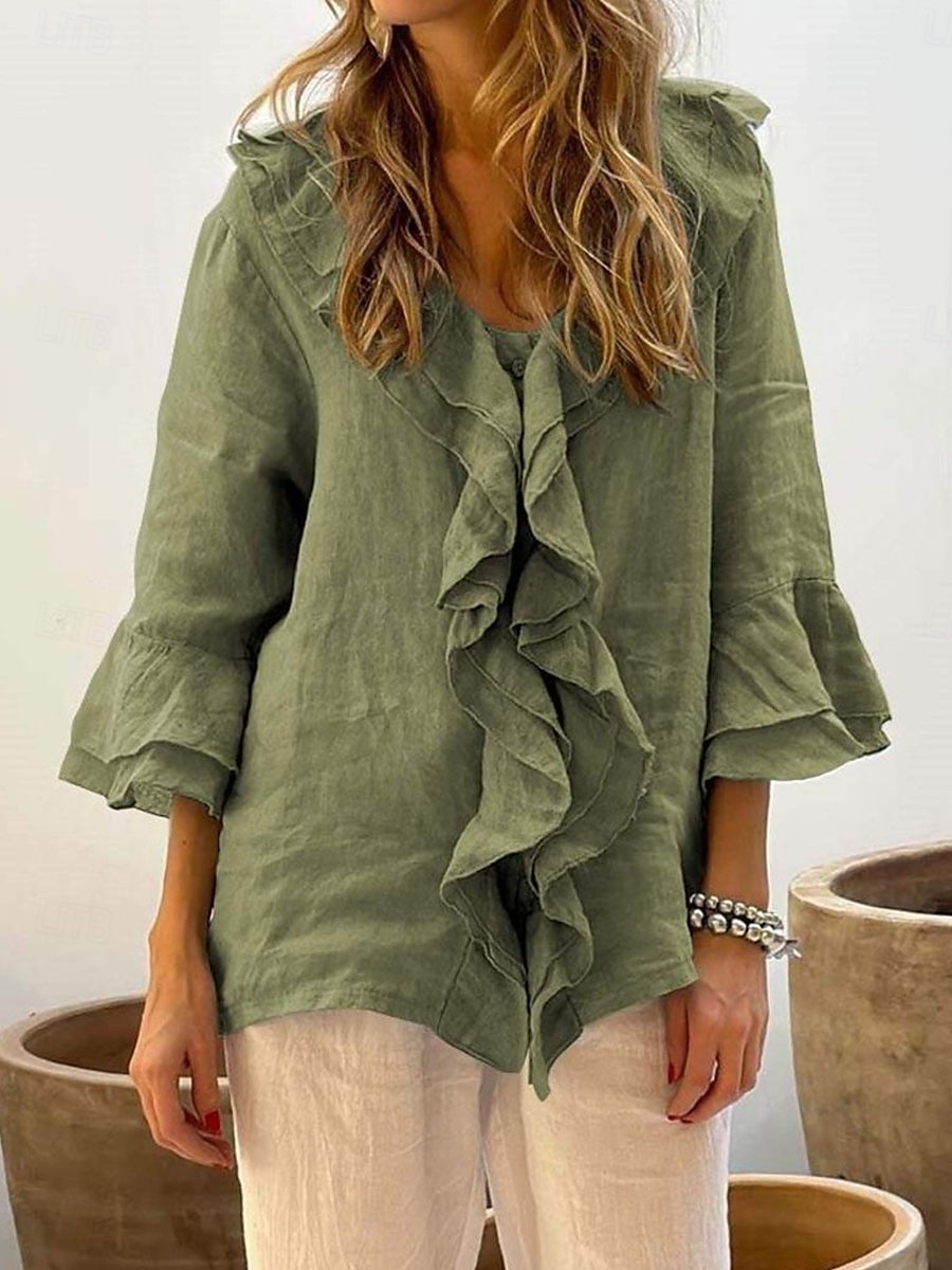 Damen Hemd Leinen-inspirierte Hemden Bluse Einfarbig Basic Lässig Langarm V Ausschnitt Normale Oberteile Täglich Rüsche Weiß Grün Grau Herbst Winter 2025 - $29.99 –P3