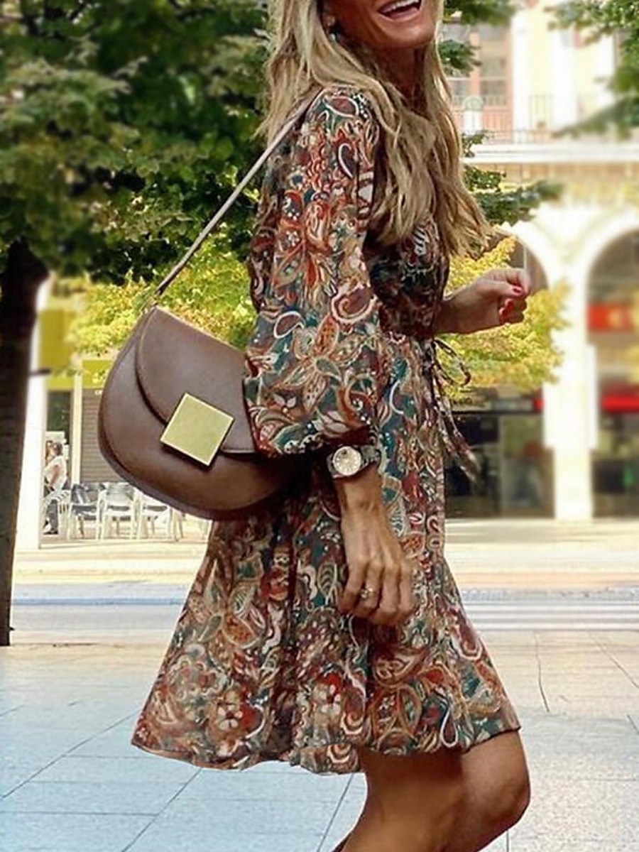 Per donna Mini abito Abito casual Abito linea A Abito boho Vintage Etnico Informale Giornaliero Standard Floreale Manica lunga A V Marrone Estate Primavera Autunno del 2025 a $35.99 –P2