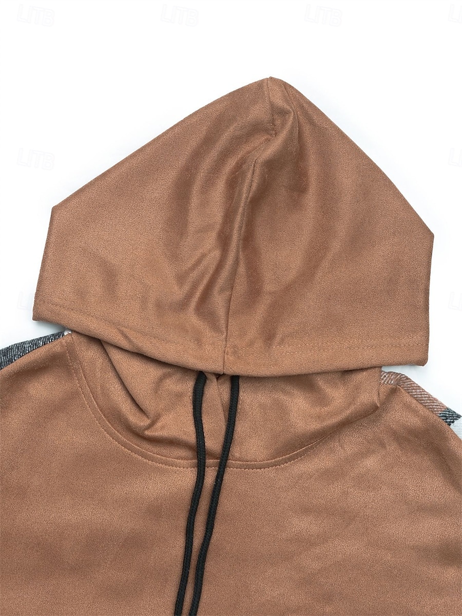 moletom feminino com capuz casual xadrez rua diário moletom com capuz patchwork estampa manga comprida marrom outono inverno de 2025 por $49.99 –P6