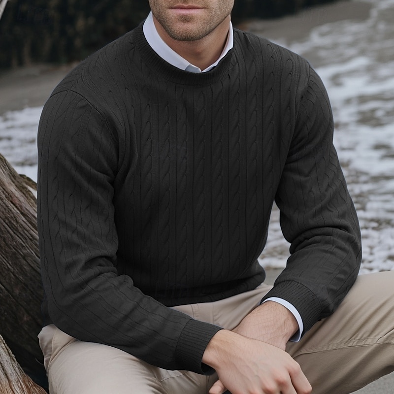 Men's Sweater Pullover Sweater Jumper Cable Knit Sweater Cable Knit Regular Classic Style Knitted Solid Color Round Neck Modern Contemporary Work Daily Wear Clothing Apparel Fall Winter Black White S 2026 - $26.99 –P4
