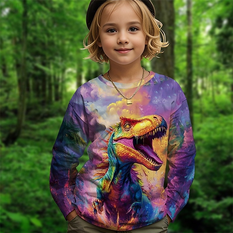 Tyttöjen 3D Kuvitettu Eläin Dinosaurus T-paita Pitkähihainen Kevät Syksy Muoti Perus Lapset 4-12 vuotta Tiukka pyöreä kaula-aukko ulko- Kausaliteetti Päivittäin Normaali 2025 - $13.99 –P5