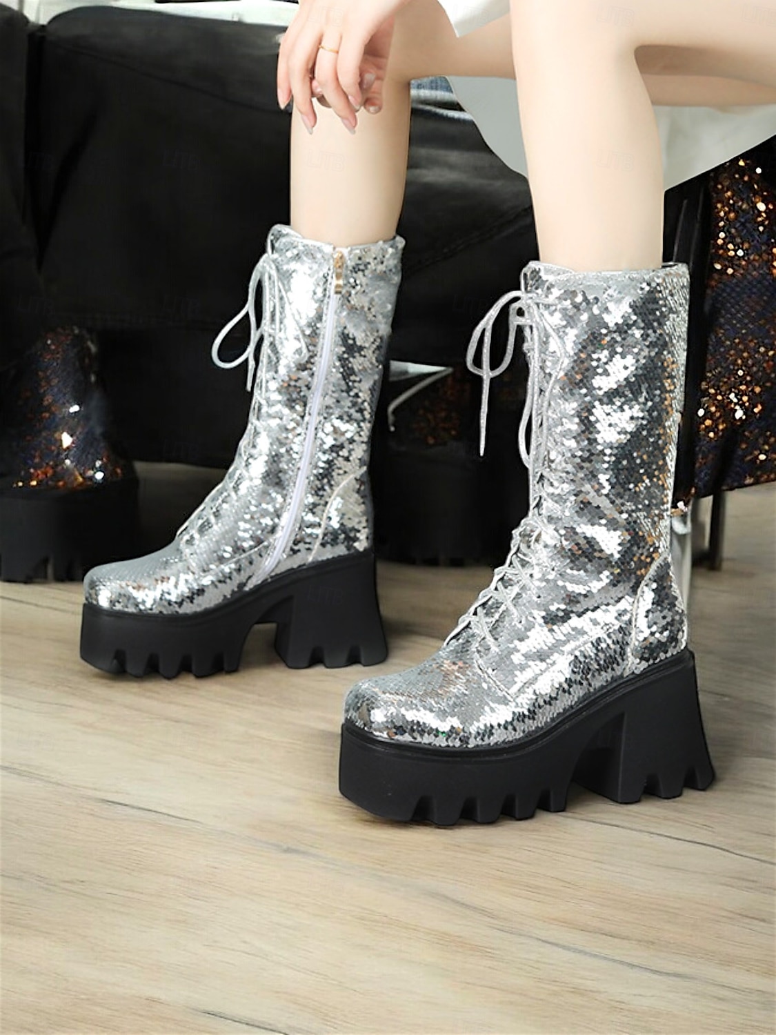 Botas de plataforma con cordones y lentejuelas para mujer: botas de tacón grueso brillantes en verde y azul para fiestas, festivales y cosplay 2025 - $84.99 –P12