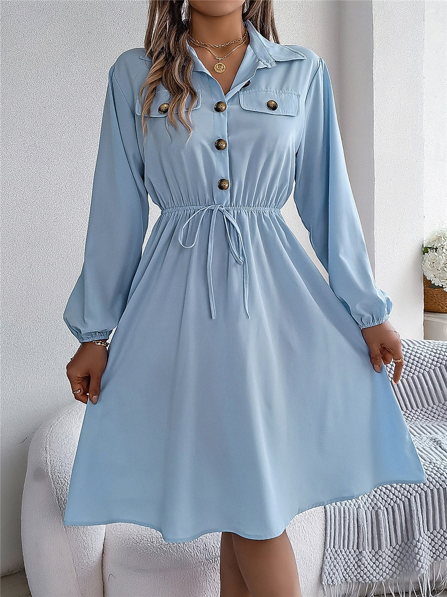 Damen Casual kleid Midikleid Knopf Brautkleider schlicht Hemdkragen Langarm Wein Blau Khaki Farbe 2025 - $31.99 –P1