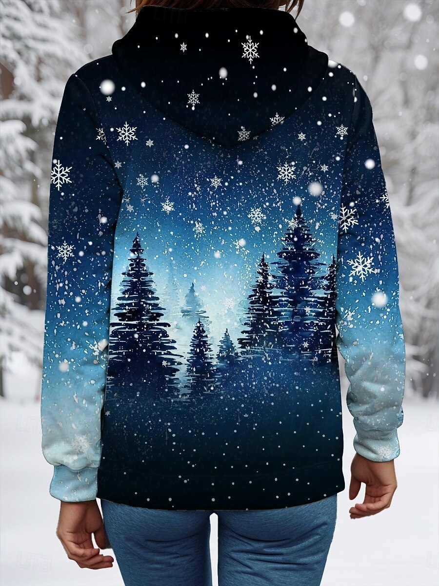 felpa con cappuccio da donna casual poliestere albero strada abbigliamento quotidiano felpa con cappuccio tasca stampa manica lunga blu autunno inverno del 2025 a $31.99 -P2